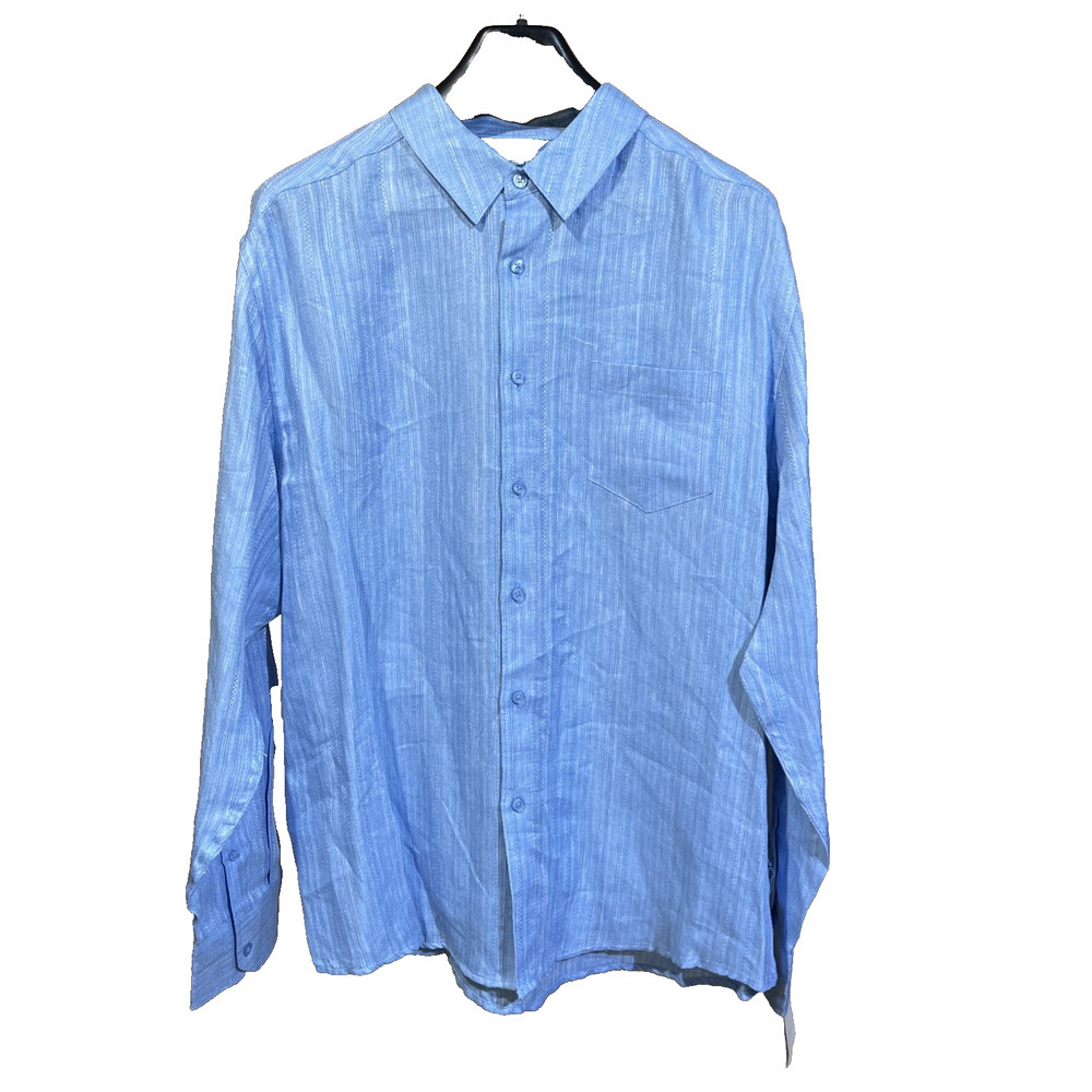 Cubavera Linen Button Up Long Sleeve Shirt XL Blue Textured Beachy Coastal